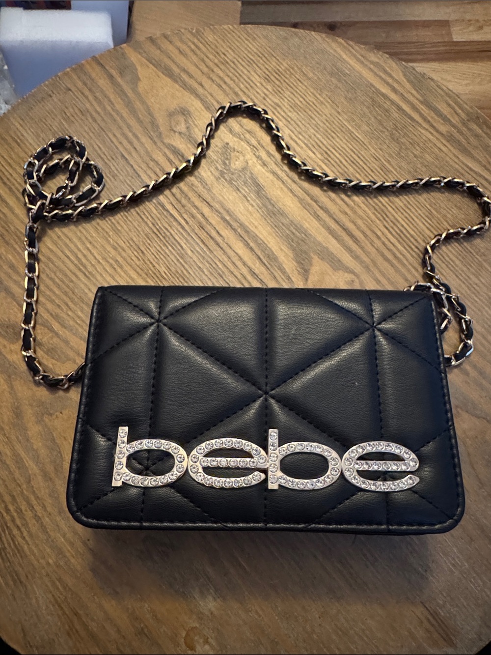 bebe Black Quilted Crossbody with Crystal Logo and Gold-Trim Chain